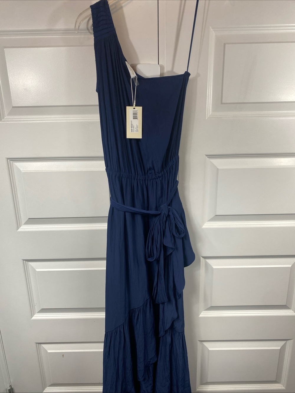 Ramy Brook Dress Nicola  Blue One Shoulder Ruffle Hem Belted XS Wedding Guest